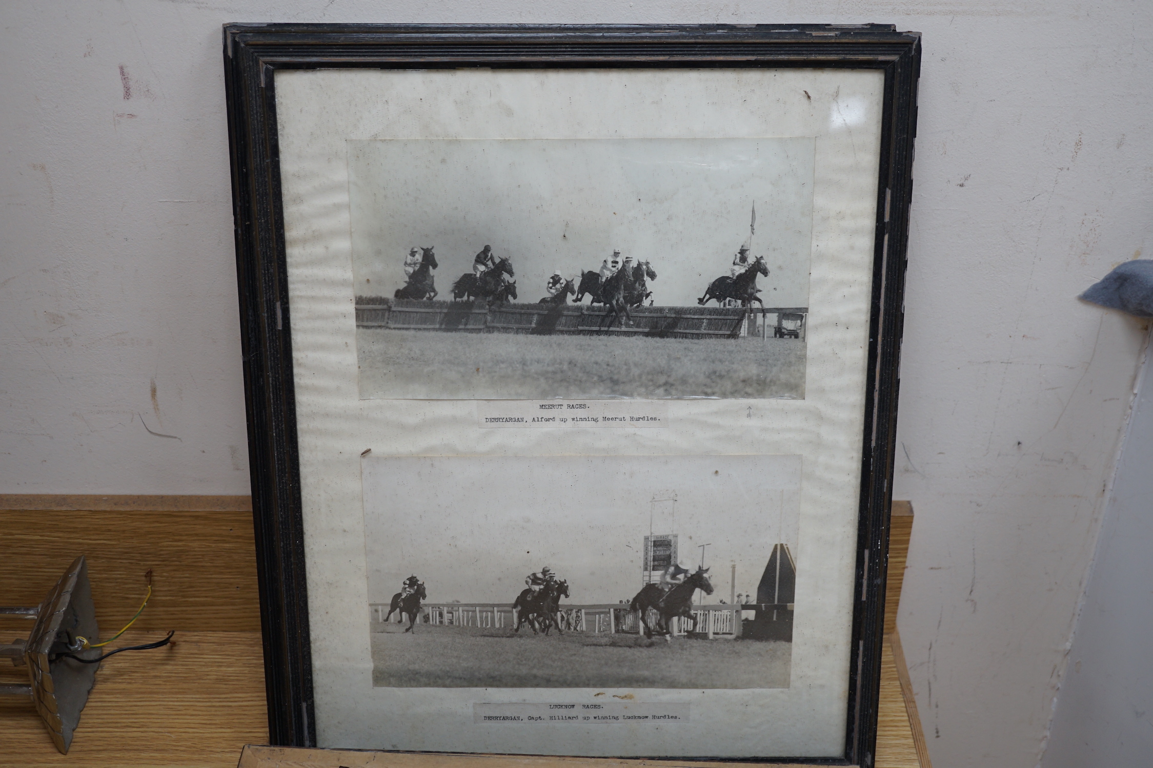 D M & E M Alderson, pair of watercolours, Portraits of racehorses c.1943/48 raced at Calcutta, together with a group of related photographs and ephemera, signed and dated, 38 x 52cm